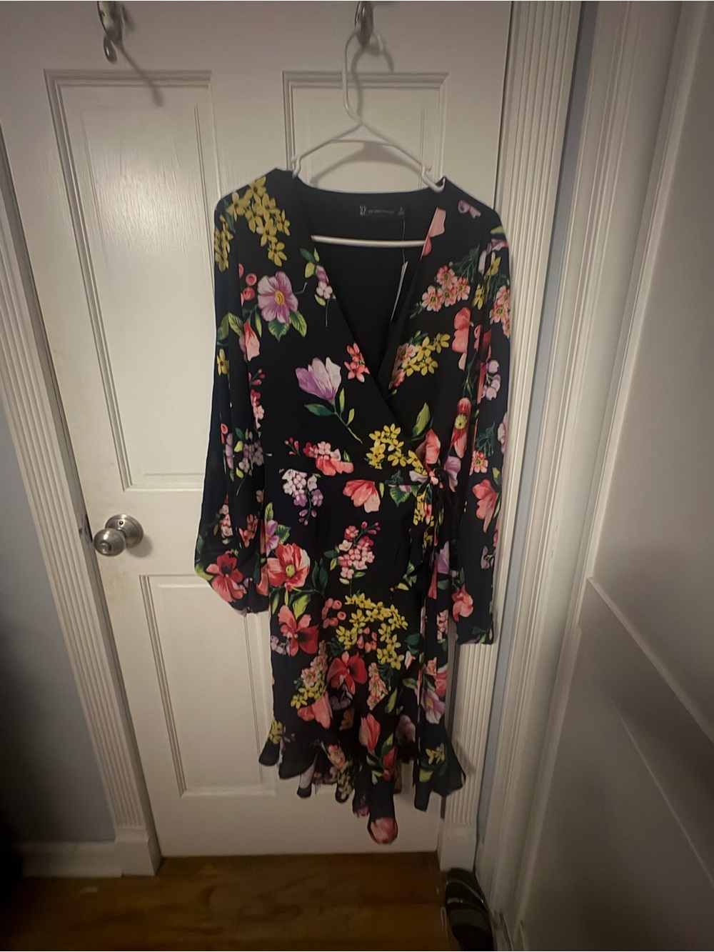 New York & Company Black Floral Wrap Midi Dress with Pink & Yellow Blooms